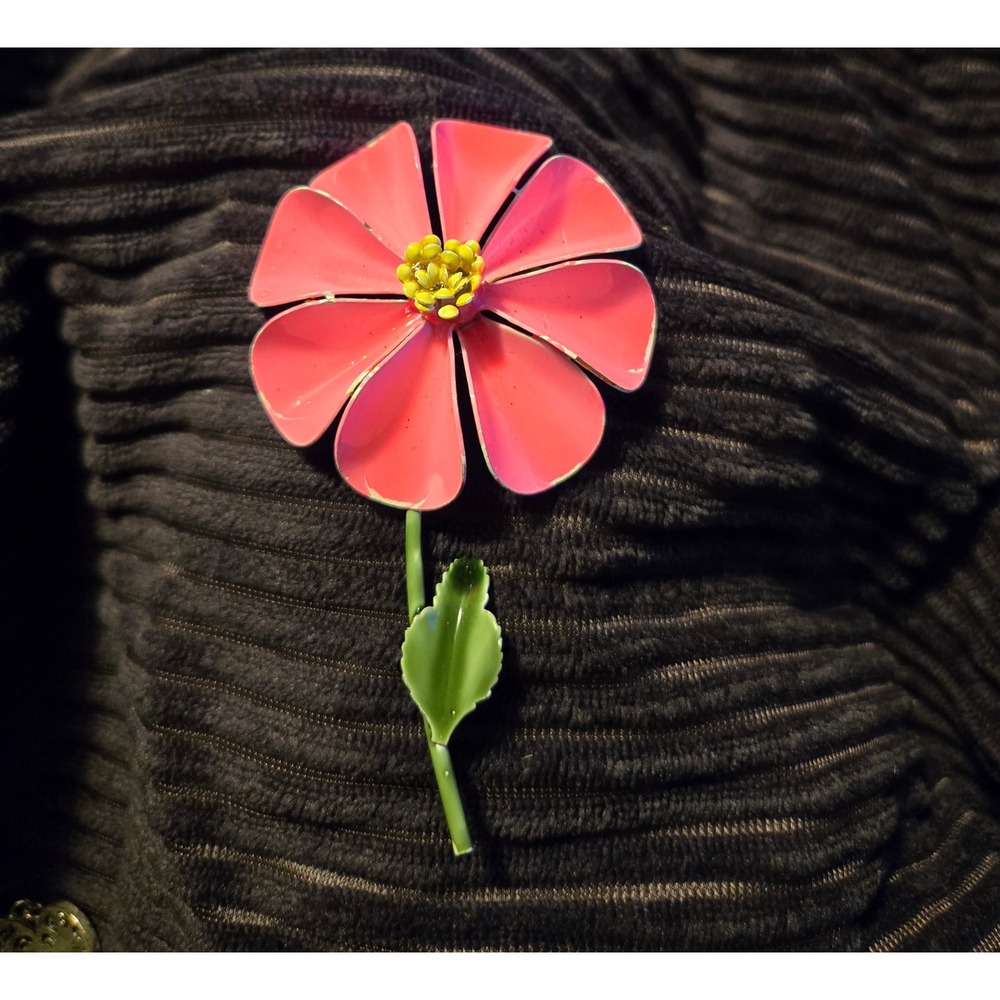 Vintage Pink Enamel Flower Brooch Gold Tone Stem Green Leaf Large 4 Inch Pin
